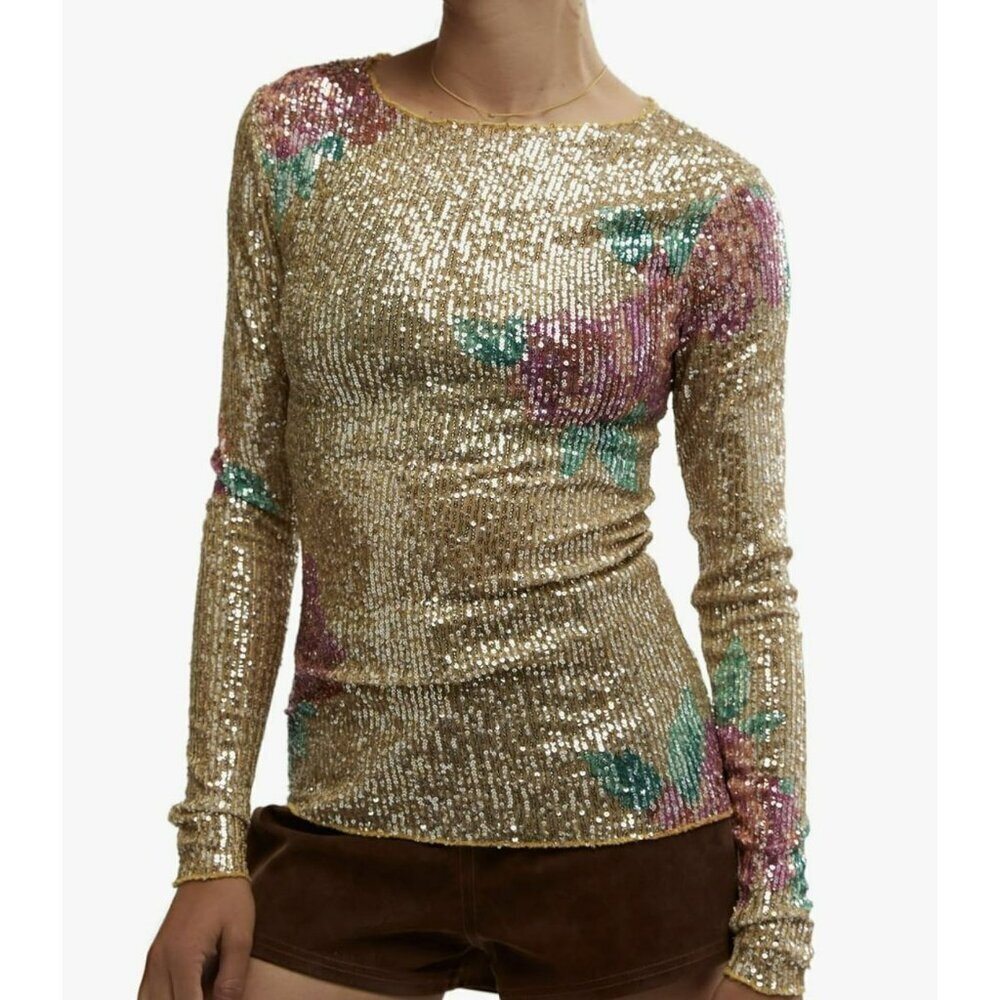 Free People Gold Rush Sequin Floral Medium Long Sleeve Top NWT